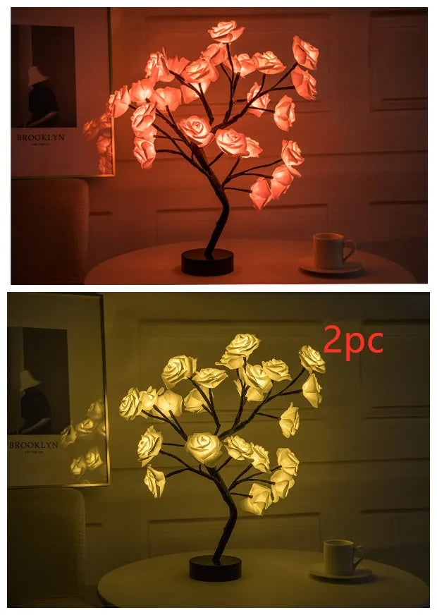 White and red rose flower LED table lamp with bonsai tree lights on a table.