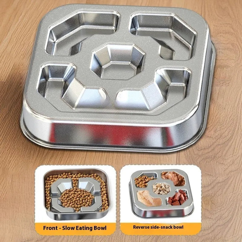 Stainless steel slow feeding dog bowl with raised bone square pattern on a non-slip square base
