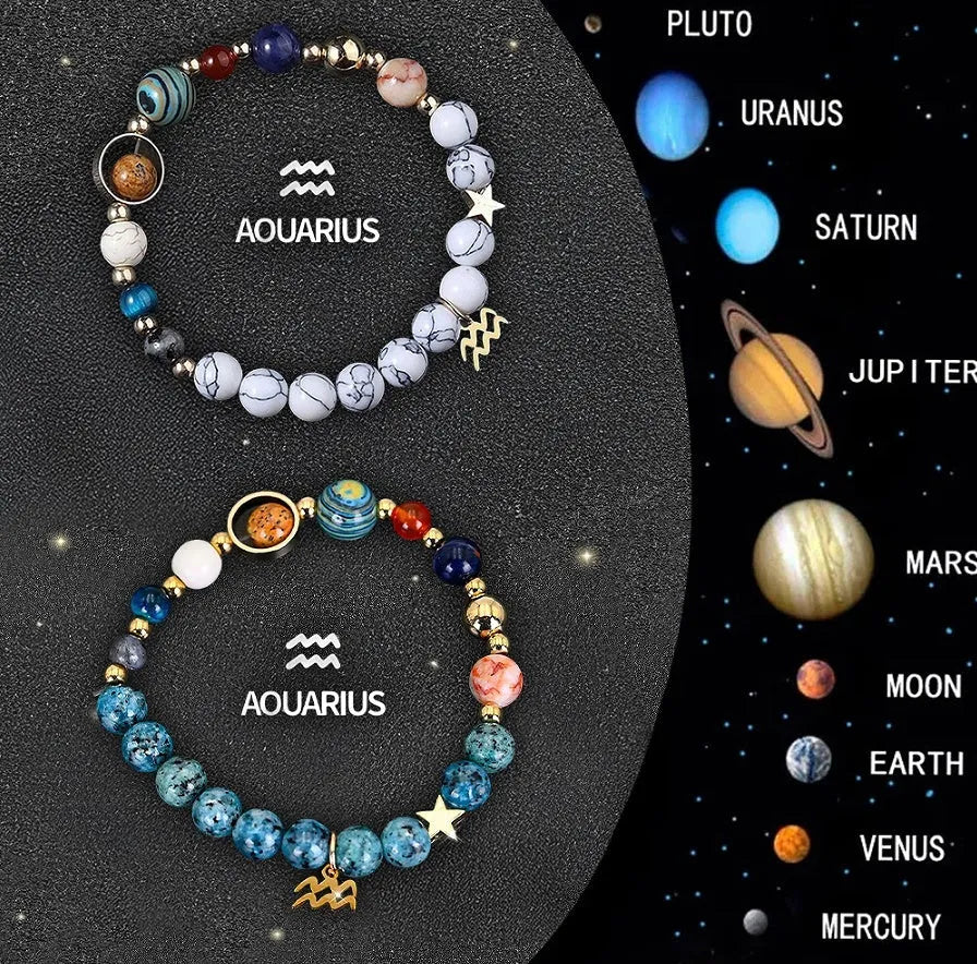 Set of two natural stone beaded bracelets on elastic cords for zodiac signs.