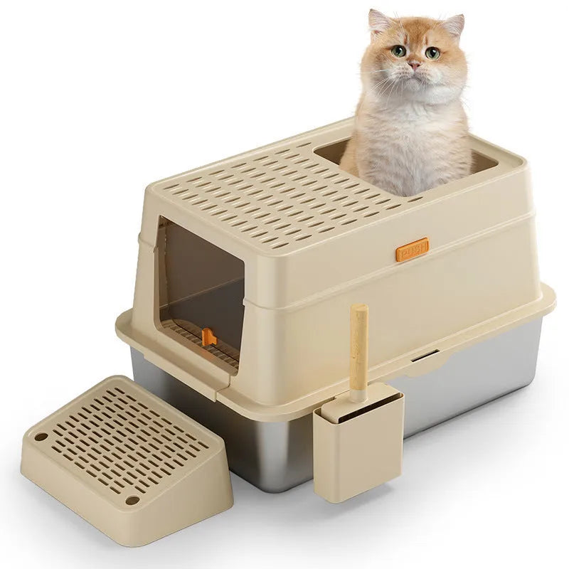 Large grey enclosed stainless steel cat litter box with pedal entry system