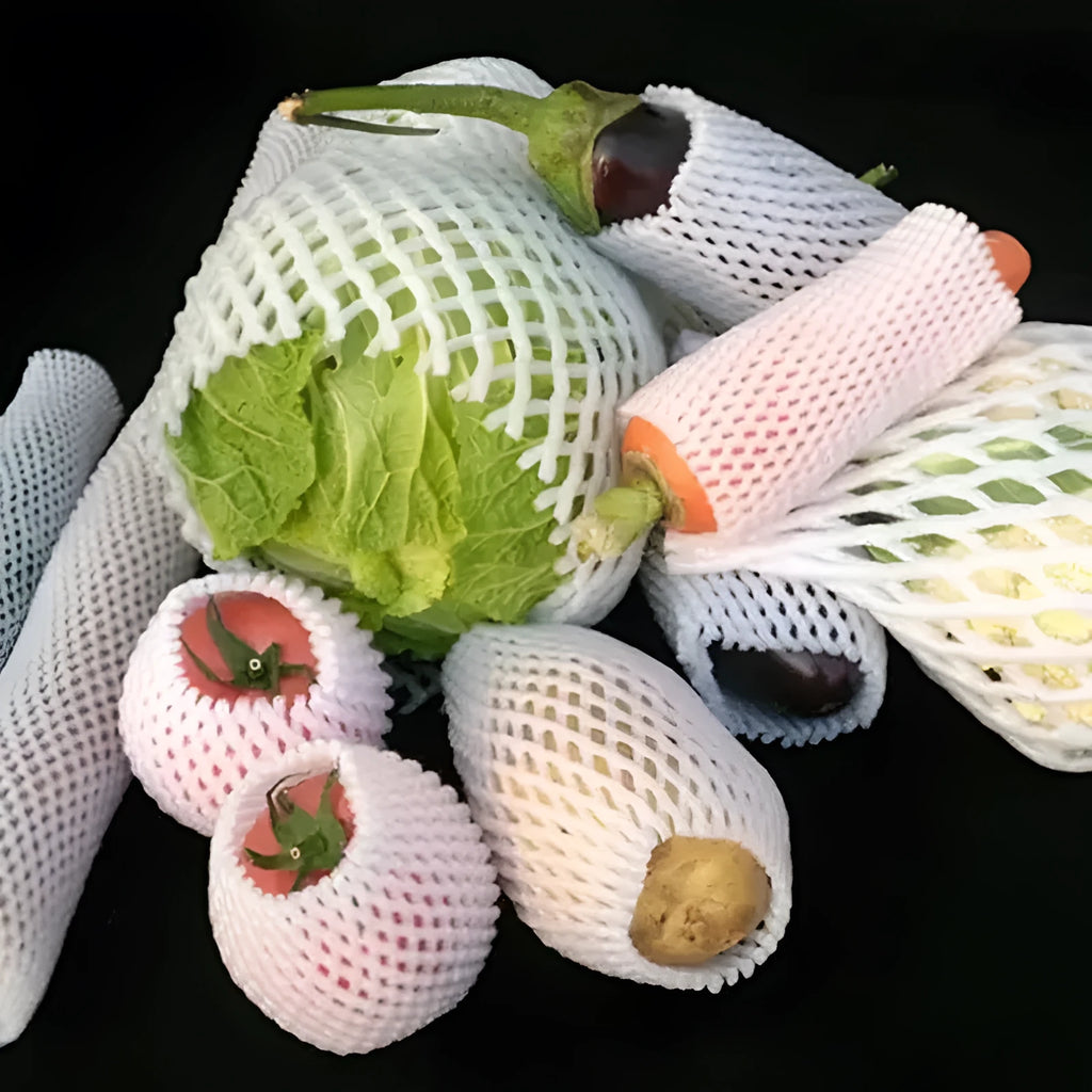 White foam protective net cover for apples, pears, peaches and oranges.