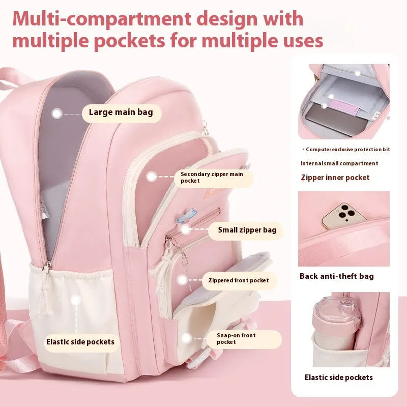 Girls' pink waterproof Oxford cloth school backpack with curved shoulder straps.