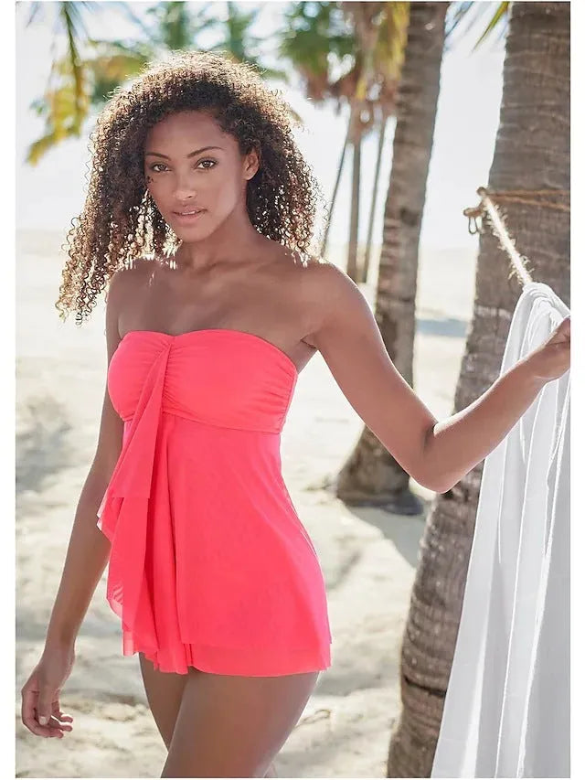 Women's strapless solid colour one-piece swimsuit dress in polyester fabric on a mannequin