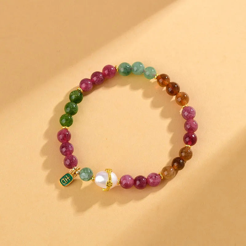 Geometric unisex bracelet made from chalcedony and tourmaline crystals, bead size 6.5mm.