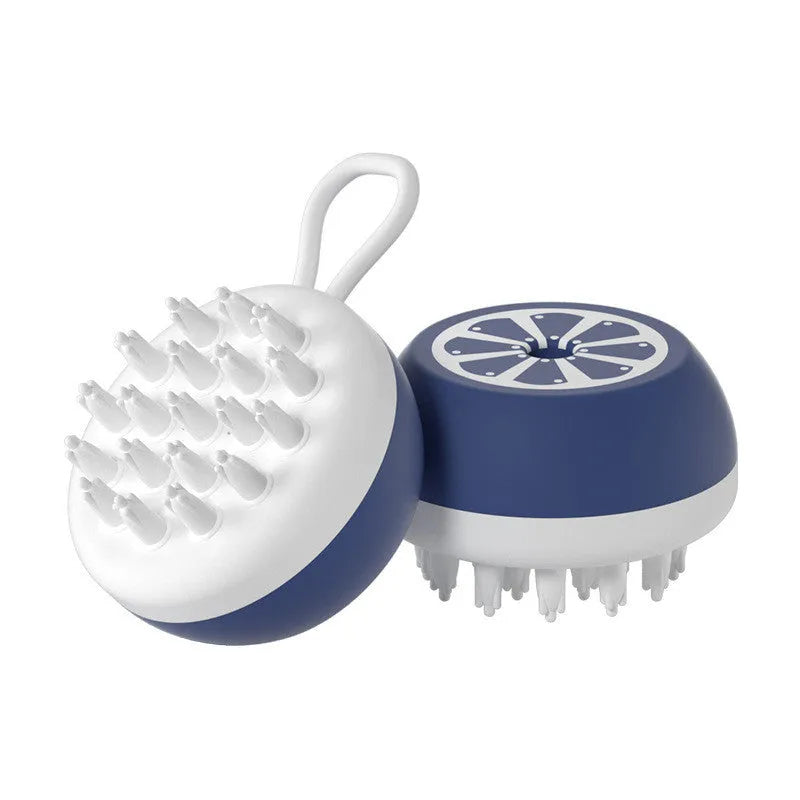 A soft silicone pet bath brush in yellow, shown with both a combed hair side and a 3D massage head side for dog and cat grooming.
