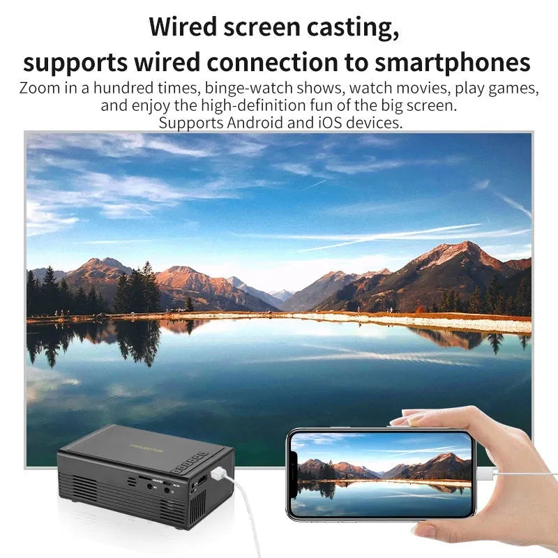 Black or white mini portable projector with wired mobile phone connection and international power plugs