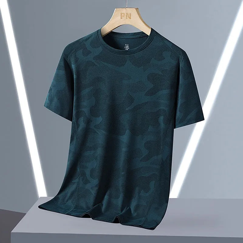 Men's camouflage pattern short sleeve t-shirt in plus sizes on a hanger.
