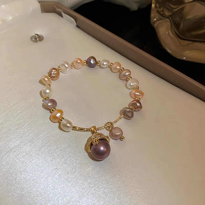 Baroque freshwater pearl bracelet with zircon accents geometric design women's gold colour