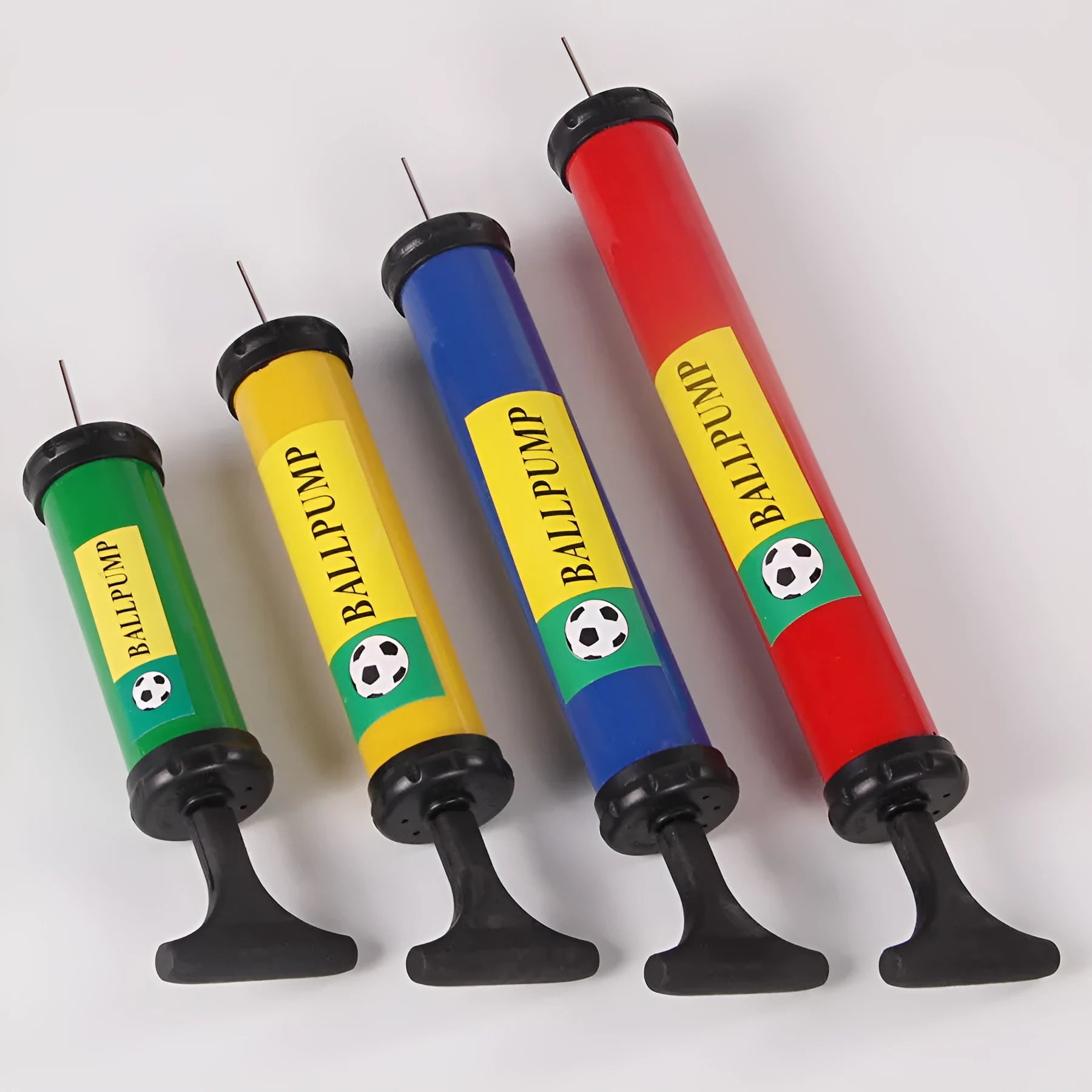 Manual plastic inflator pump for balls and balloons in mixed colours with hand push design