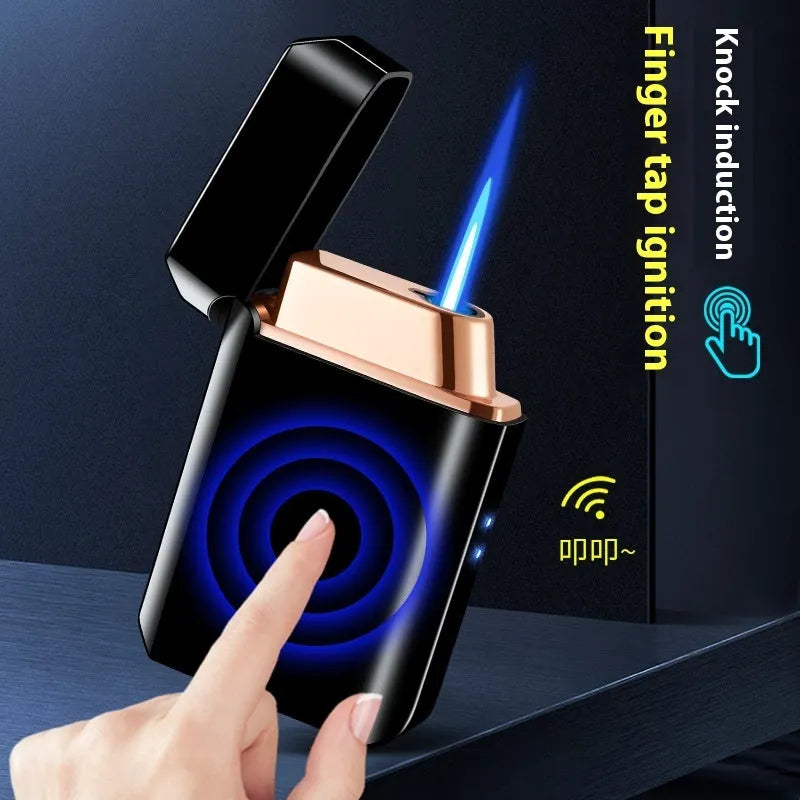 Voice-controlled blow-and-blow ignition torch lighter with metal body and wind-resistant flame in Black Ice finish