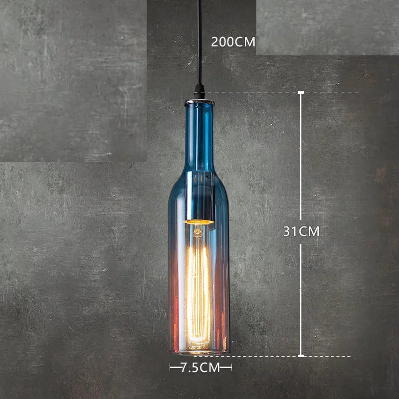 Nordic style wine bottle glass chandelier with five coloured shades in amber, metal ceiling plate, and 200cm drop line
