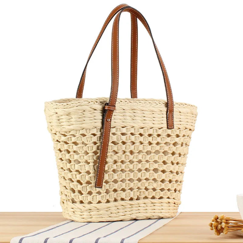Paper-string woven shoulder bag with file storage compartment and adjustable strap in beige colour