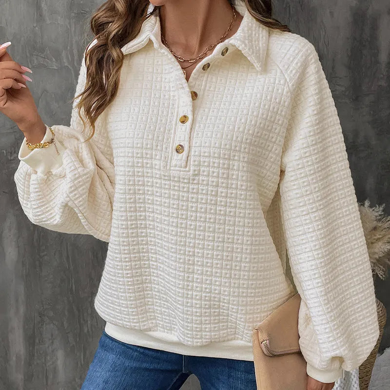 Women's milk white polo collar thick sweater with textured fabric and long sleeves