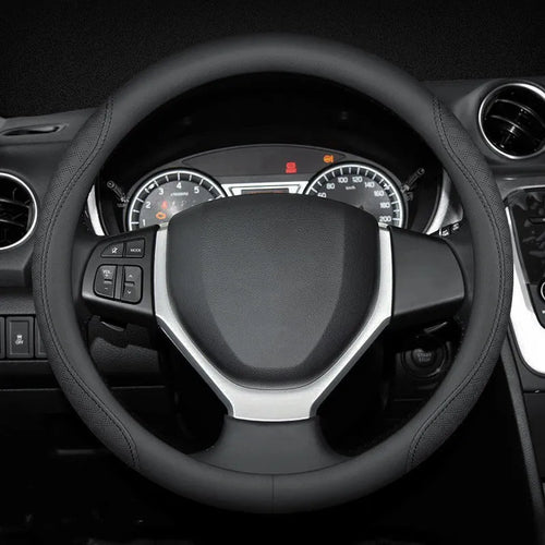Black Napa leather steering wheel cover for Suzuki vehicles with 38cm diameter