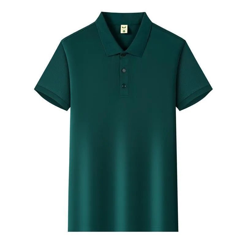 Ice Silk short sleeve lapel business shirt in multiple colours on a size chart background.