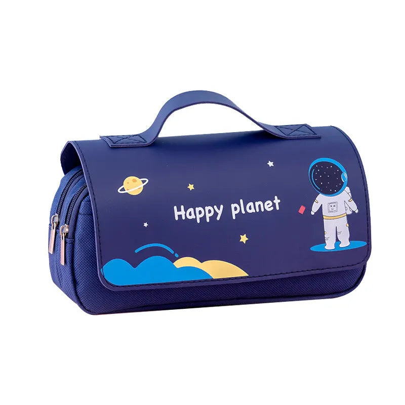 Large-capacity canvas pencil case with hand-painted planet design in multicolour, square 21x10cm, isolated on surface