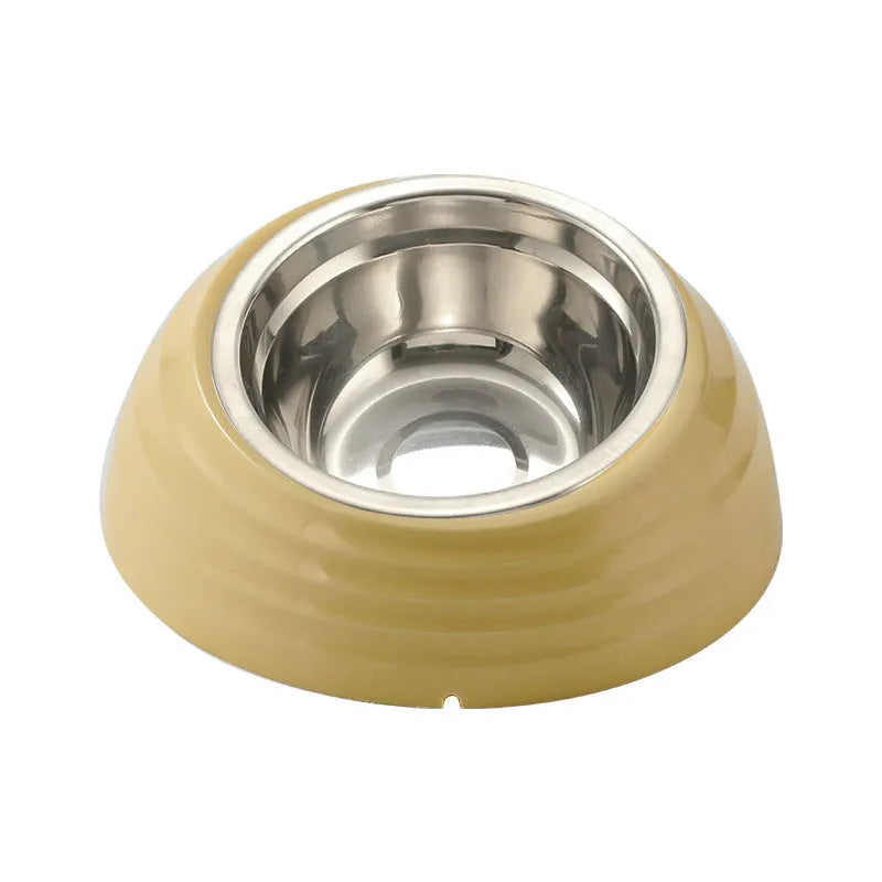Stainless steel cat bowl on a plastic base in a choice of beige, brown, or light green.