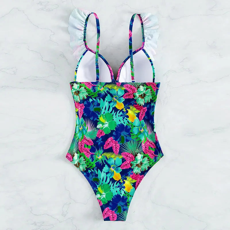 Women's backless printed one piece swimsuit with floral pattern in polyester fabric, S-XL sizes