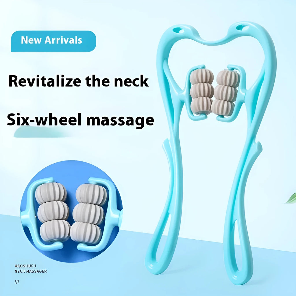 Blue plastic six-wheel neck and shoulder massager with adjustable arms on a white background.