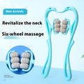 Blue plastic six-wheel neck and shoulder massager with adjustable arms on a white background.