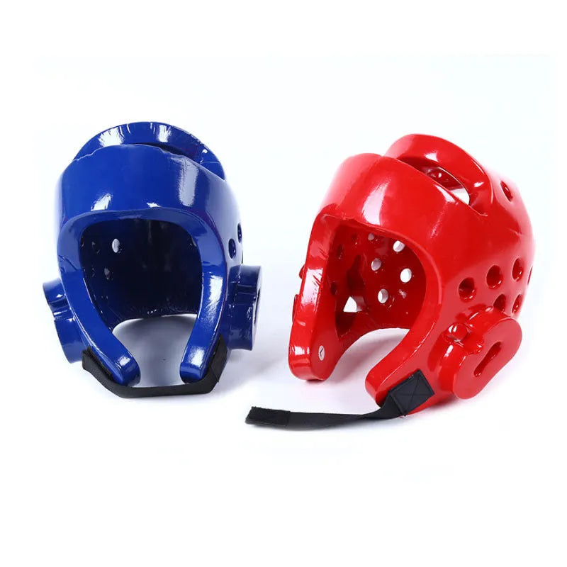 Red and blue karate taekwondo protective gear set with leg guards, boxing gloves, and helmet