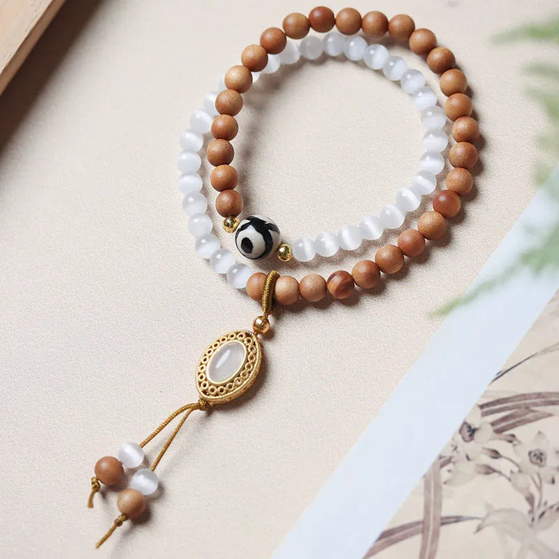 Retro mixed material bracelet with sandalwood opal double ring and Tibetan beads