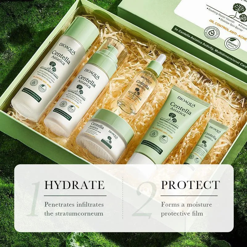 Moisturising Centella asiatica skin care set with six products including cleanser toner lotion eye cream and face cream