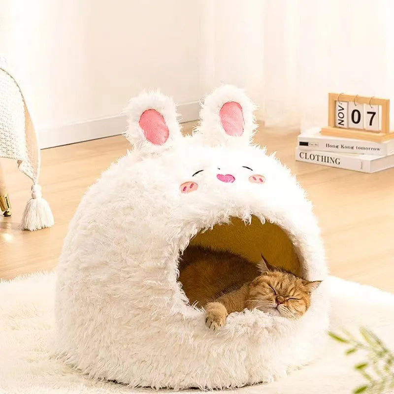 Semi-enclosed cotton cat litter tent in yurt style, shown in bear design.