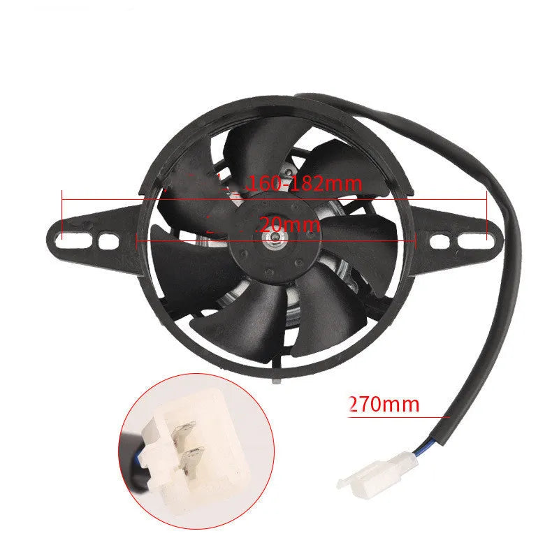 Black plastic motorcycle water tank cooling fan measuring 190x120x50mm on plain background