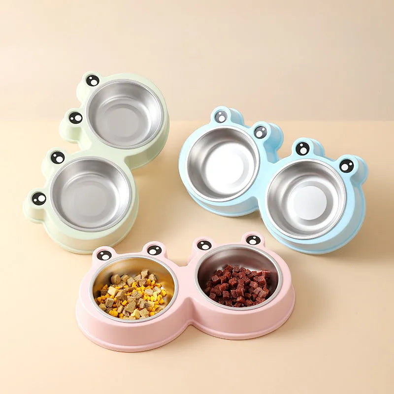 Stainless steel double pet bowl for food and water with a coloured silicone anti-slip base.