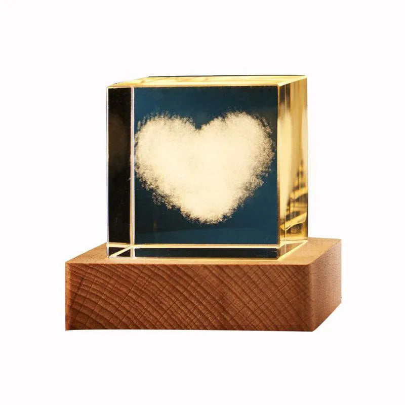 3D crystal cube night light with glass lampshade showing dimensional patterns in warm light