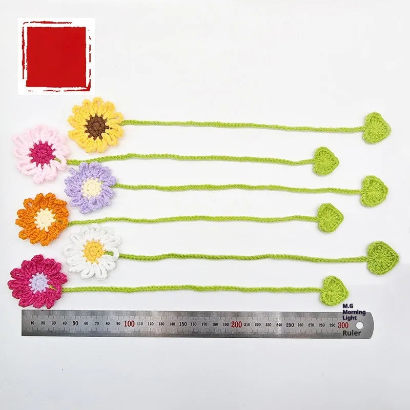 Hand-crocheted daisy bookmark with flexible wire frame in yellow colour option
