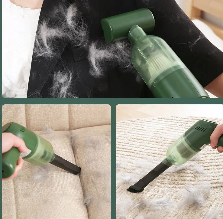 Green electric cat hair cleaner with suction heads for beds