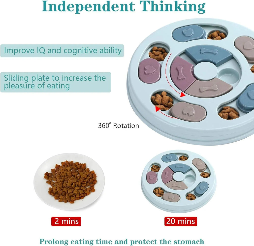 Blue dog puzzle toy slow feeder with sliding parts on floor