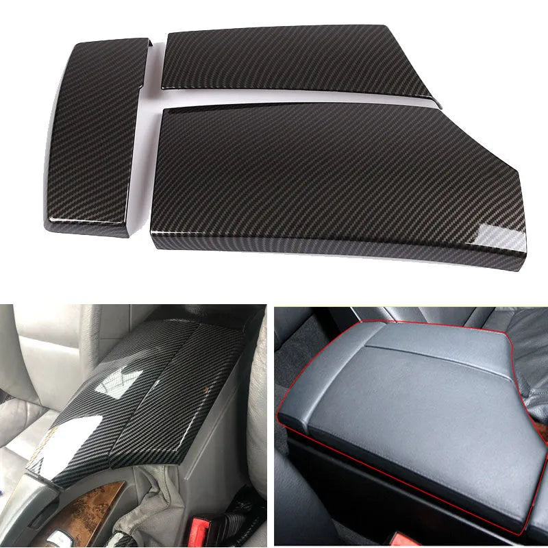 Three ABS plastic armrest protective covers with carbon fibre pattern design for vehicle centre consoles
