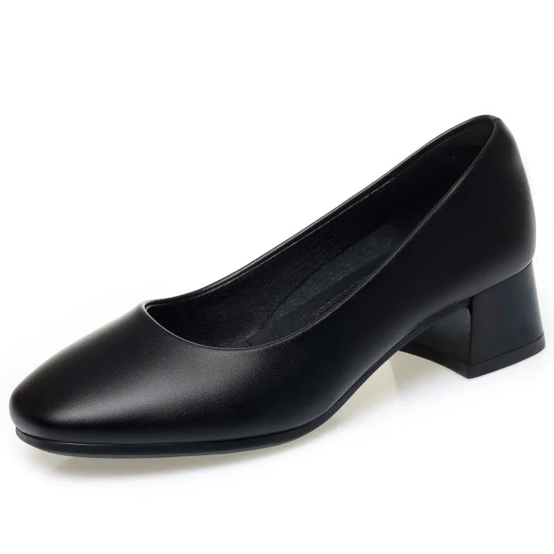 Breathable women's casual low-top chunky heel slip-on shoes in white with PU upper and round toe