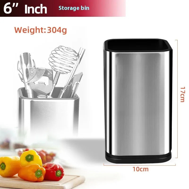 Stainless steel kitchen knife holder with storage bucket in black colour showing detachable drainage base