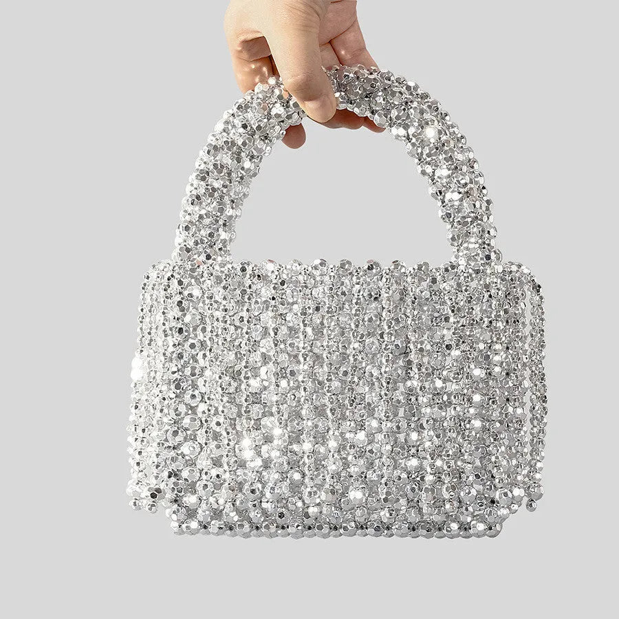 Acrylic tassel handbag for women DIY handmade bucket bag in silver with beaded and hollow details