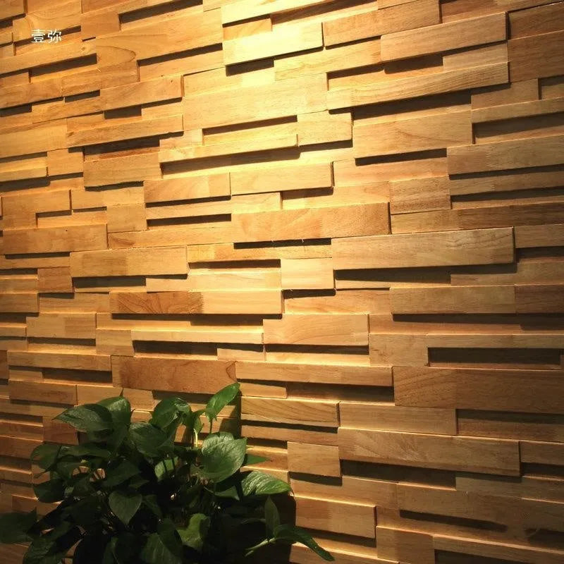 Retro 3D solid wood mosaic patch stereo background wall sticker in 300x300mm natural wood finish