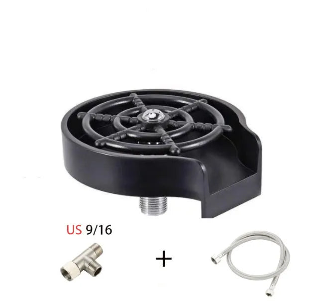Black high-pressure automatic stainless steel glass washer with copper hose on ABS base.