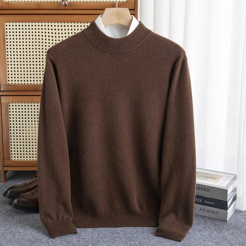Men's half-turtleneck wool sweater in loose winter business style with thick rough yarn knit