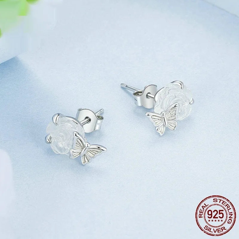 S925 sterling silver rose flower ear studs electroplated finish sweet style women