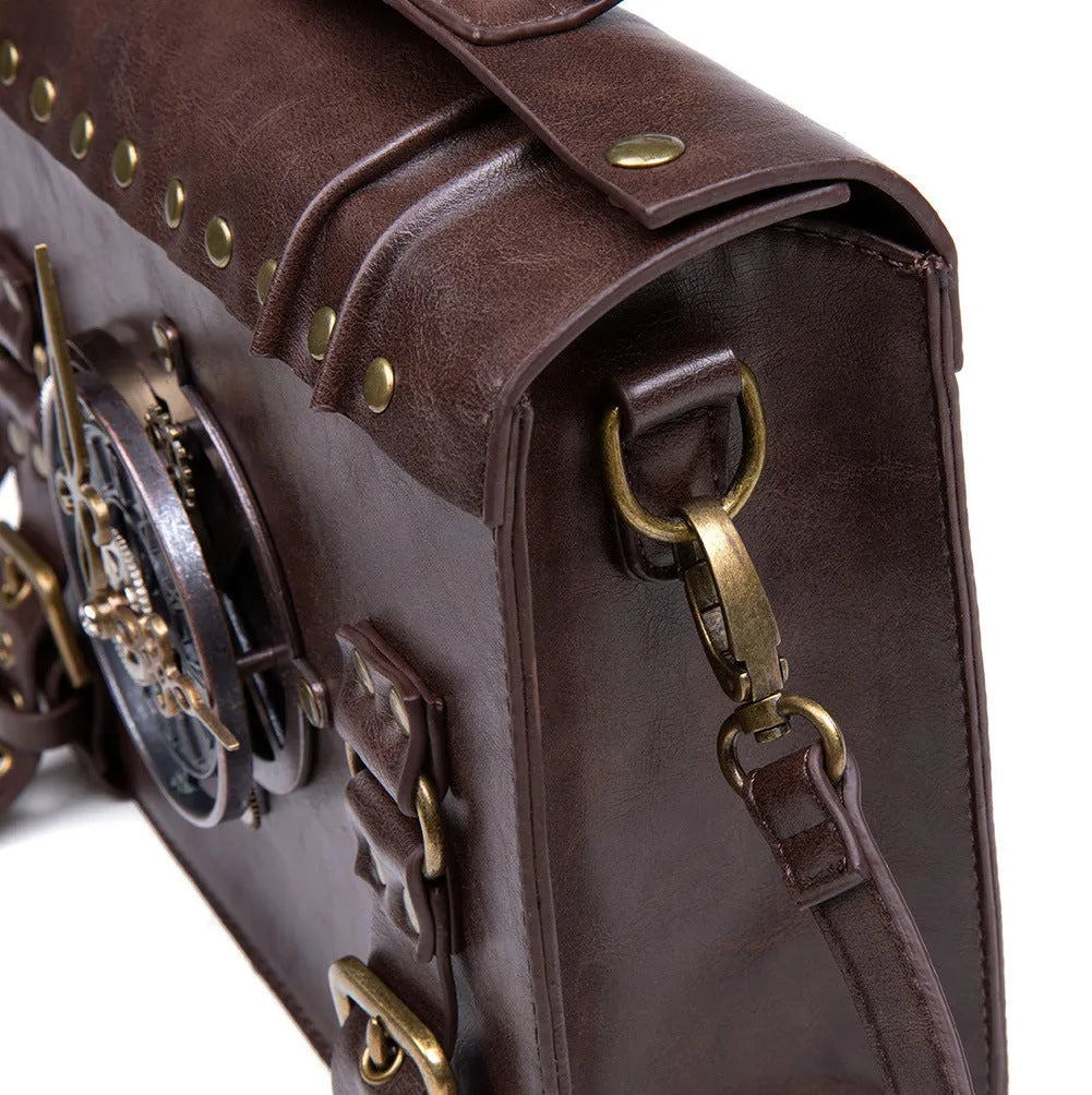 Bronze steampunk industrial retro style shoulder bag with horizontal pillow design and metal decorative elements