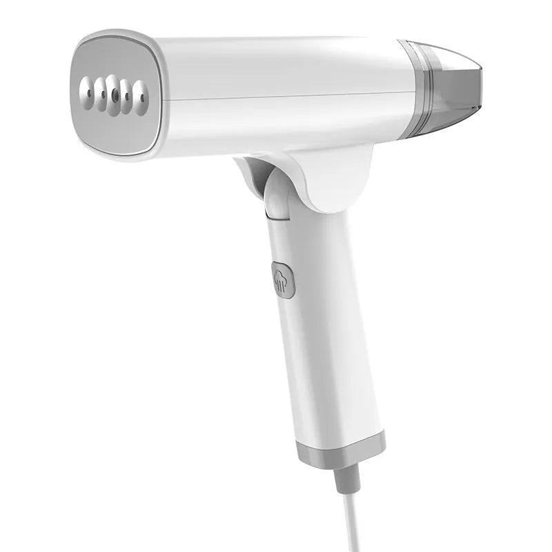 Blue handheld garment steamer unit with water tank and nozzle, showing compact size.