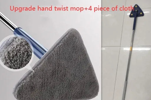 Blue triangle cleaning mop with rotating head and extendable stainless steel pole on a tiled floor