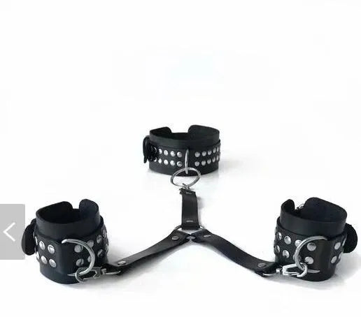Black leather backhand neckcuffs for BDSM and adult flirting play