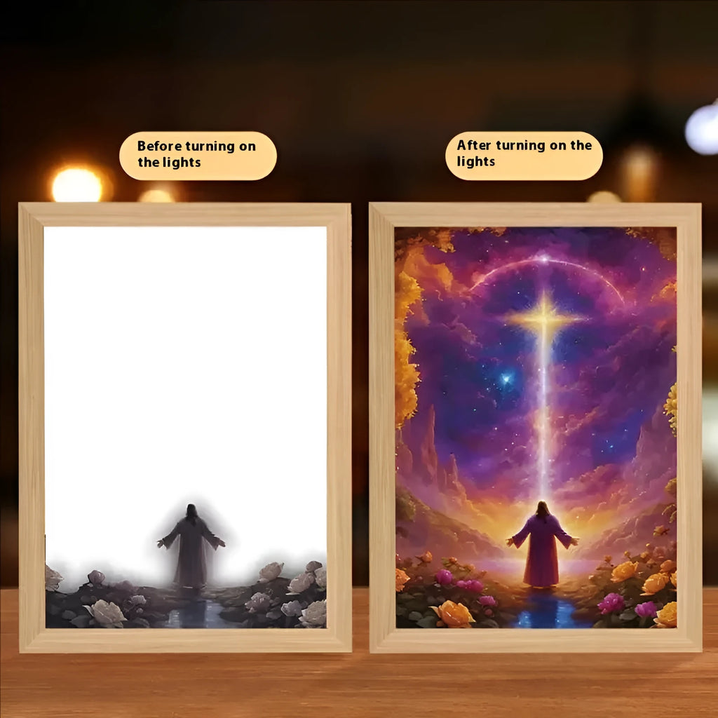 Handmade rectangular LED light painting photo frame showing a spiritual cross design, with USB cable.