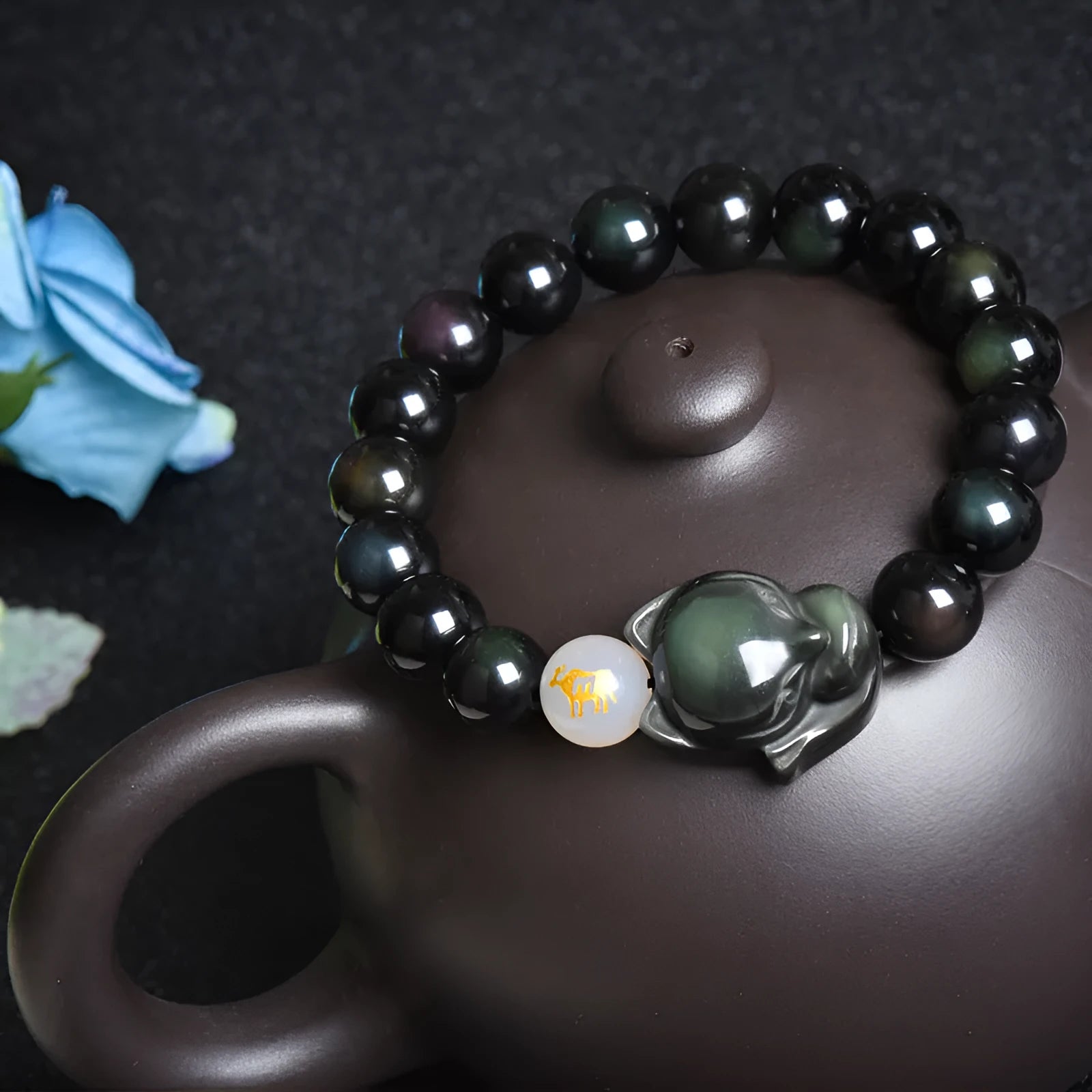 10mm obsidian bracelet with zodiac guardian charm in three style variations