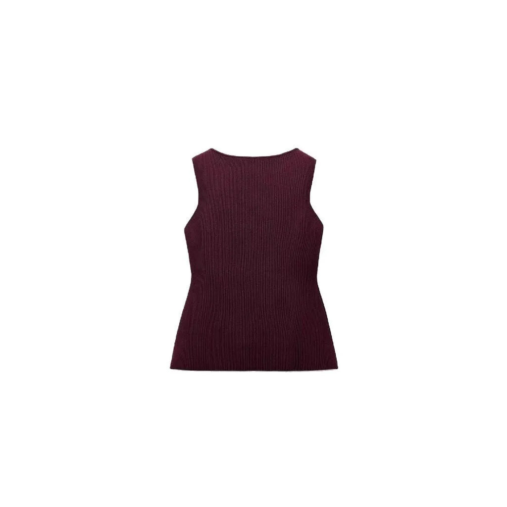 Dark red slim fit sweater vest with gold buttons and 3D pattern detail