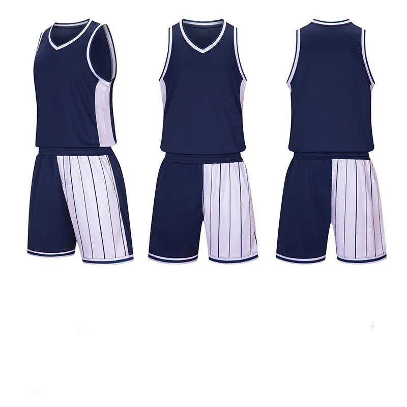 Men's quick-dry basketball uniform set in blue, includes a sleeveless top and matching shorts.